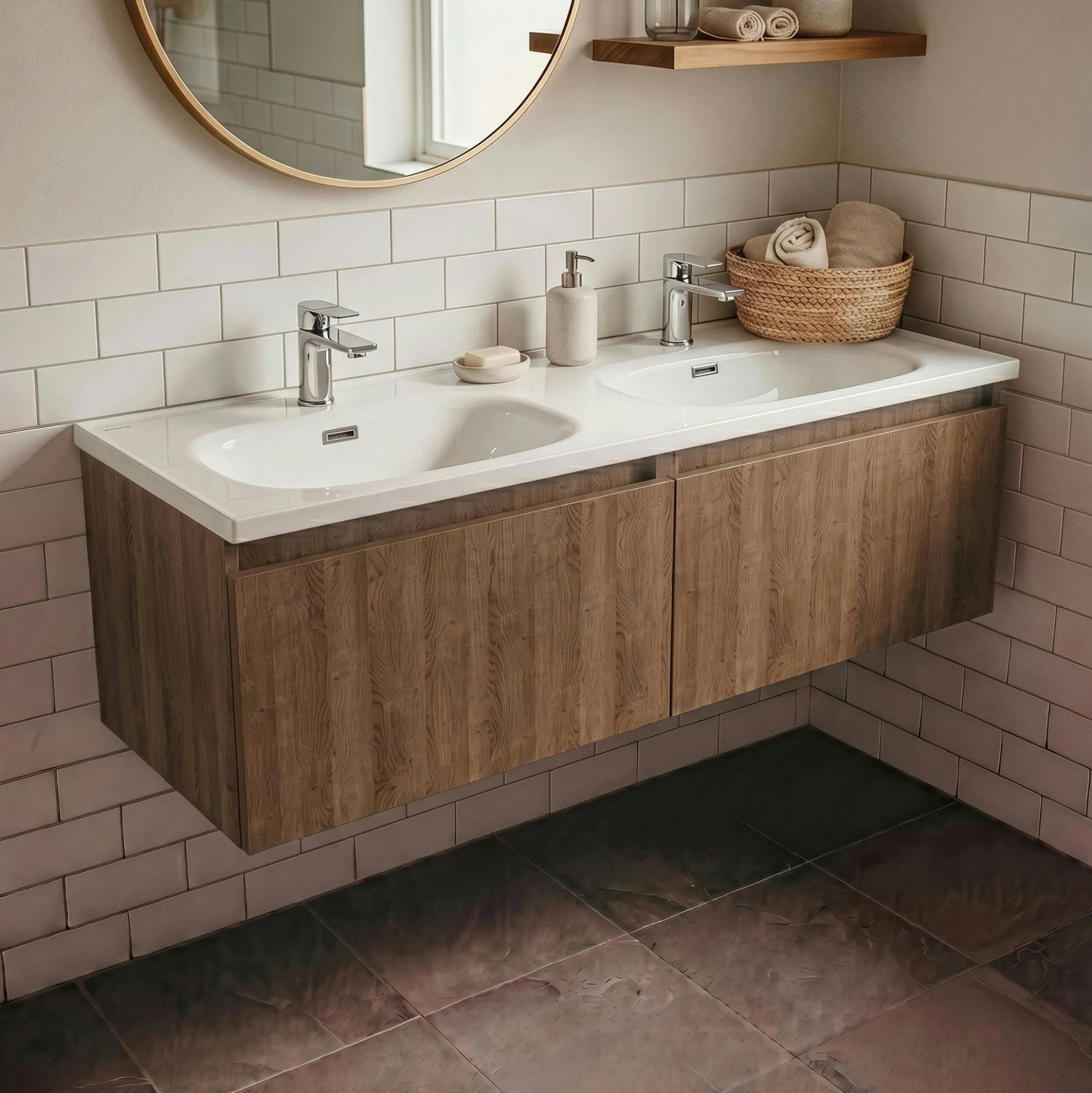 Meuble double vasque suspendu décor bois foncé 2 tiroirs SELIA