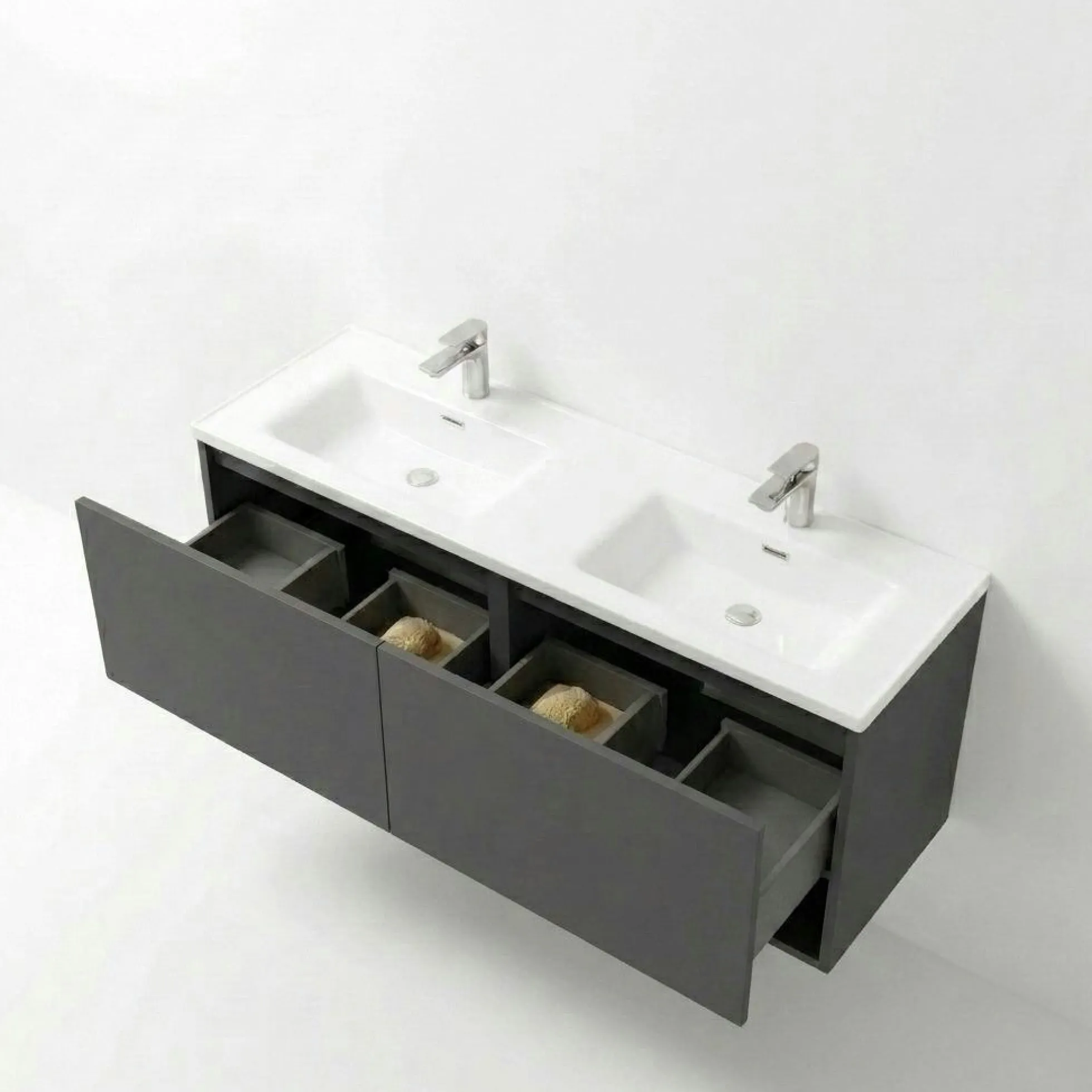 Meuble double vasque suspendu gris foncé 2 tiroirs SELIA