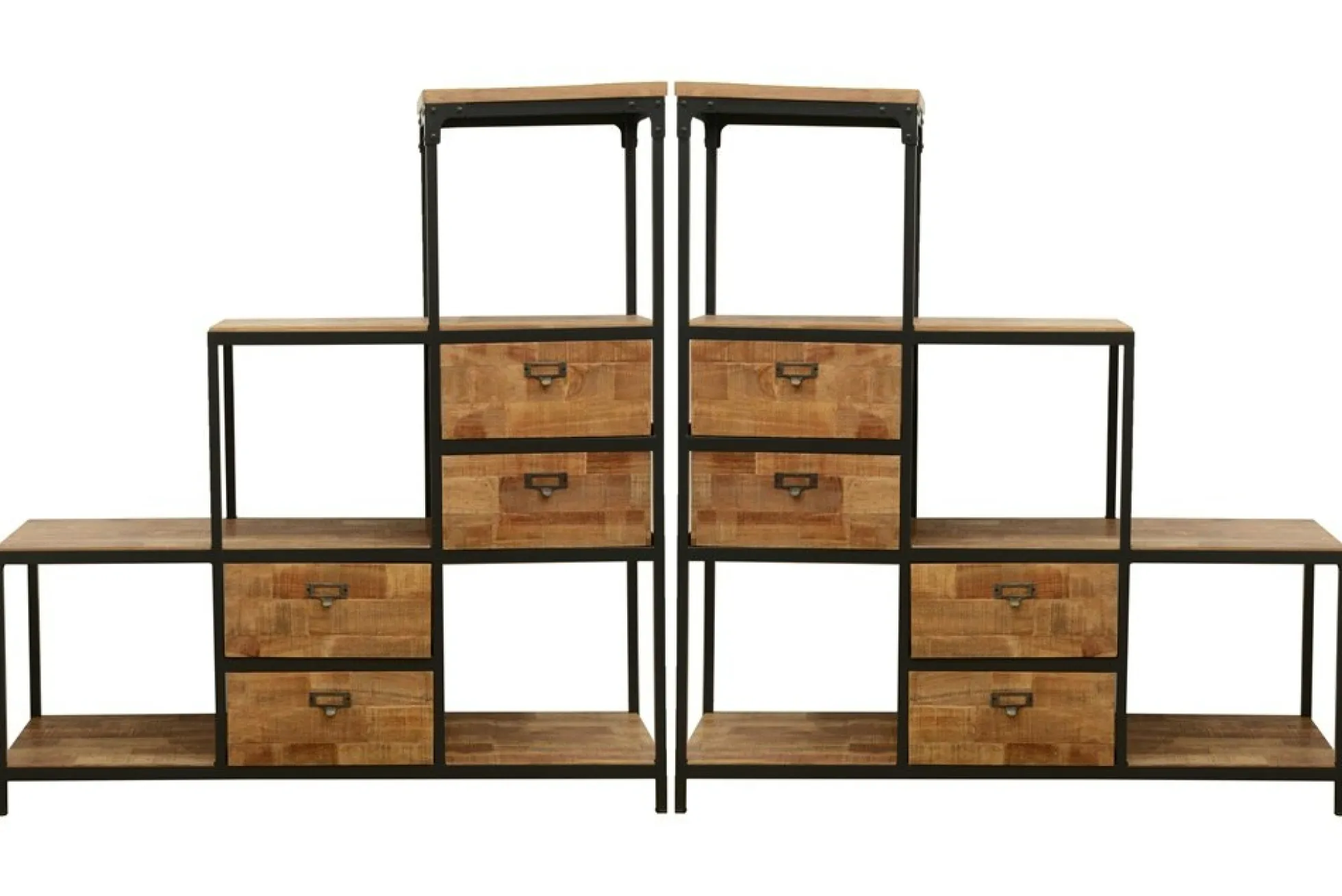 Meuble Escalier Double Faces 4 tiroirs, 4 niches cubes ouvertes en Hévéa recyclé naturel et métal 120x40x128cm LOFT