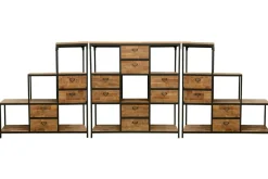Meuble Escalier Double Faces 4 tiroirs, 4 niches cubes ouvertes en Hévéa recyclé naturel et métal 120x40x128cm LOFT