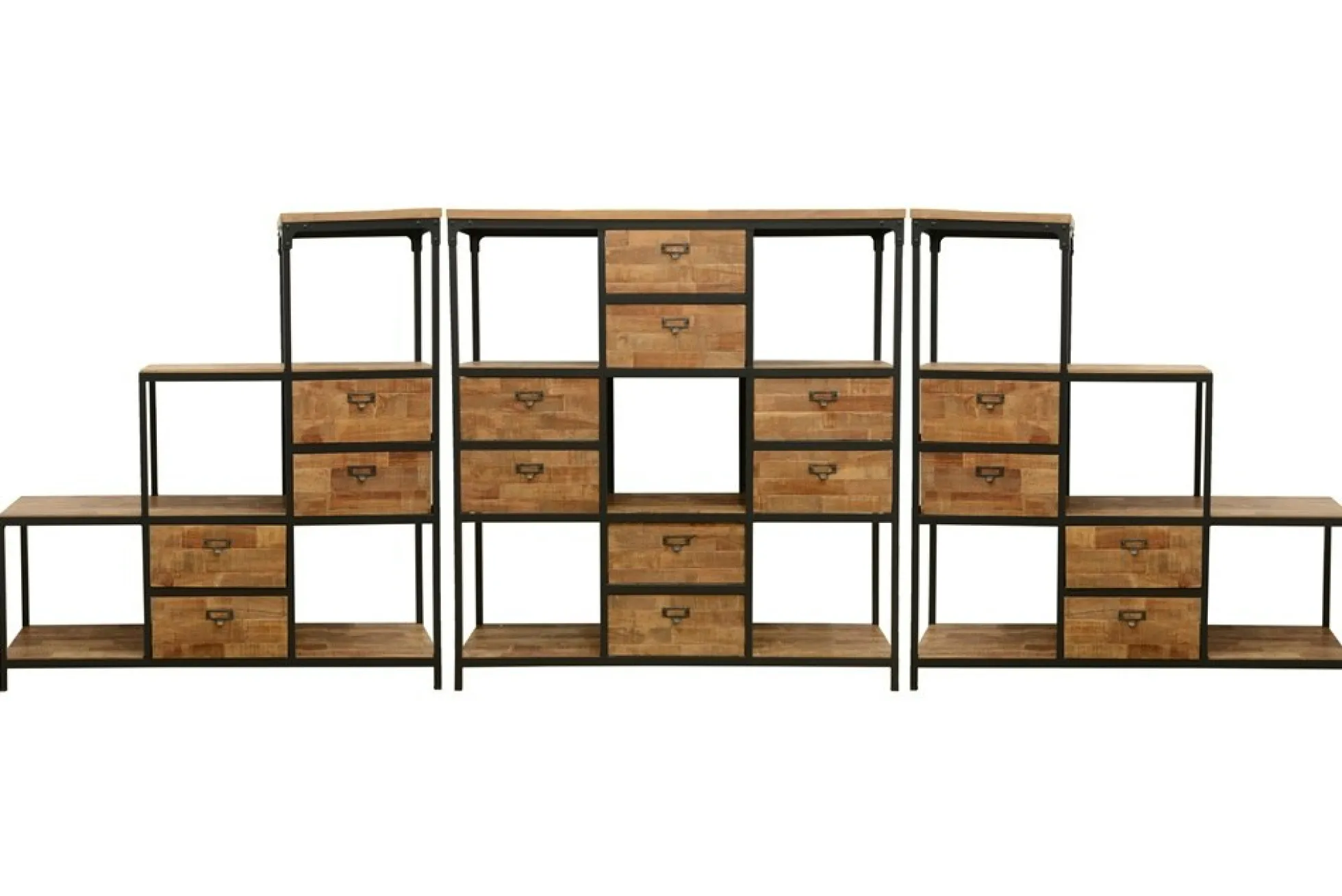 Meuble Escalier Double Faces 4 tiroirs, 4 niches cubes ouvertes en Hévéa recyclé naturel et métal 120x40x128cm LOFT