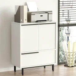 Meuble rangement bureau blanc 3 portes poignées noires JENA