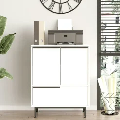 Meuble rangement bureau blanc 3 portes poignées noires JENA