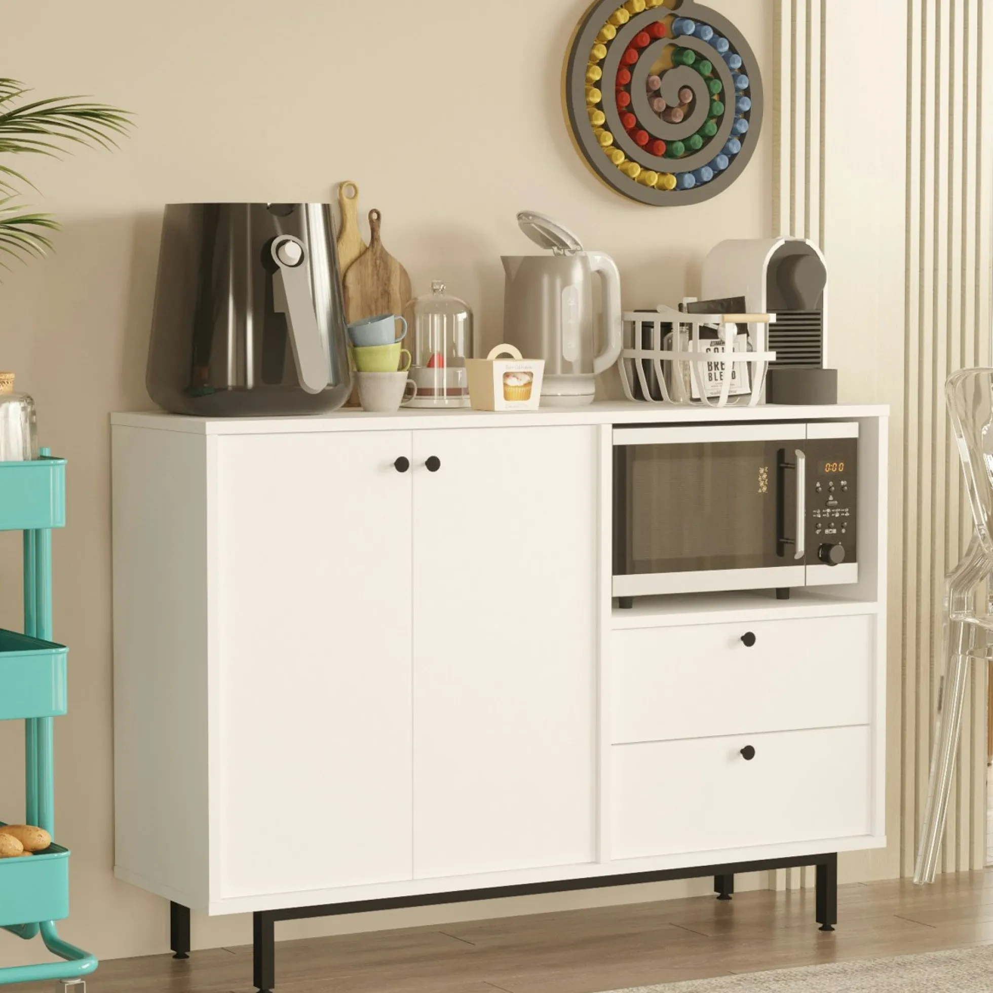 Meuble rangement cuisine blanc 2 portes 2 tiroirs JENA