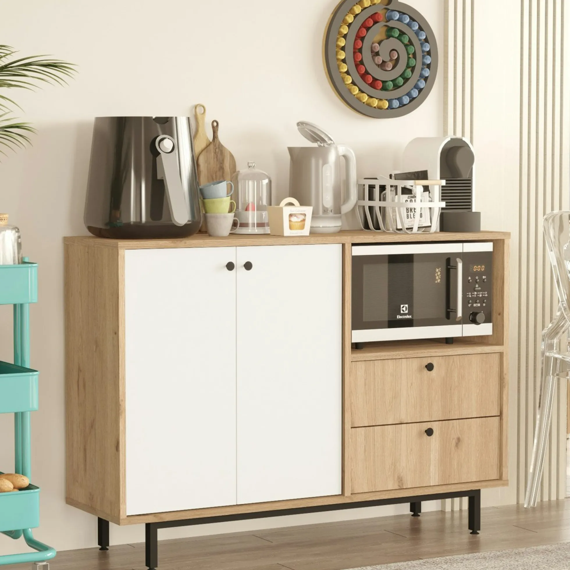 Meuble rangement cuisine 2 portes blanches 2 tiroirs JENA