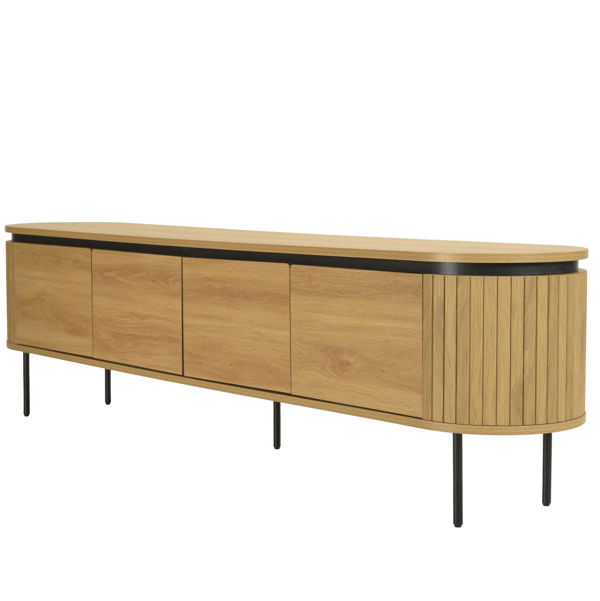 Meuble TV arrondi couleur naturelle 4 portes et pieds métal noir ELTON