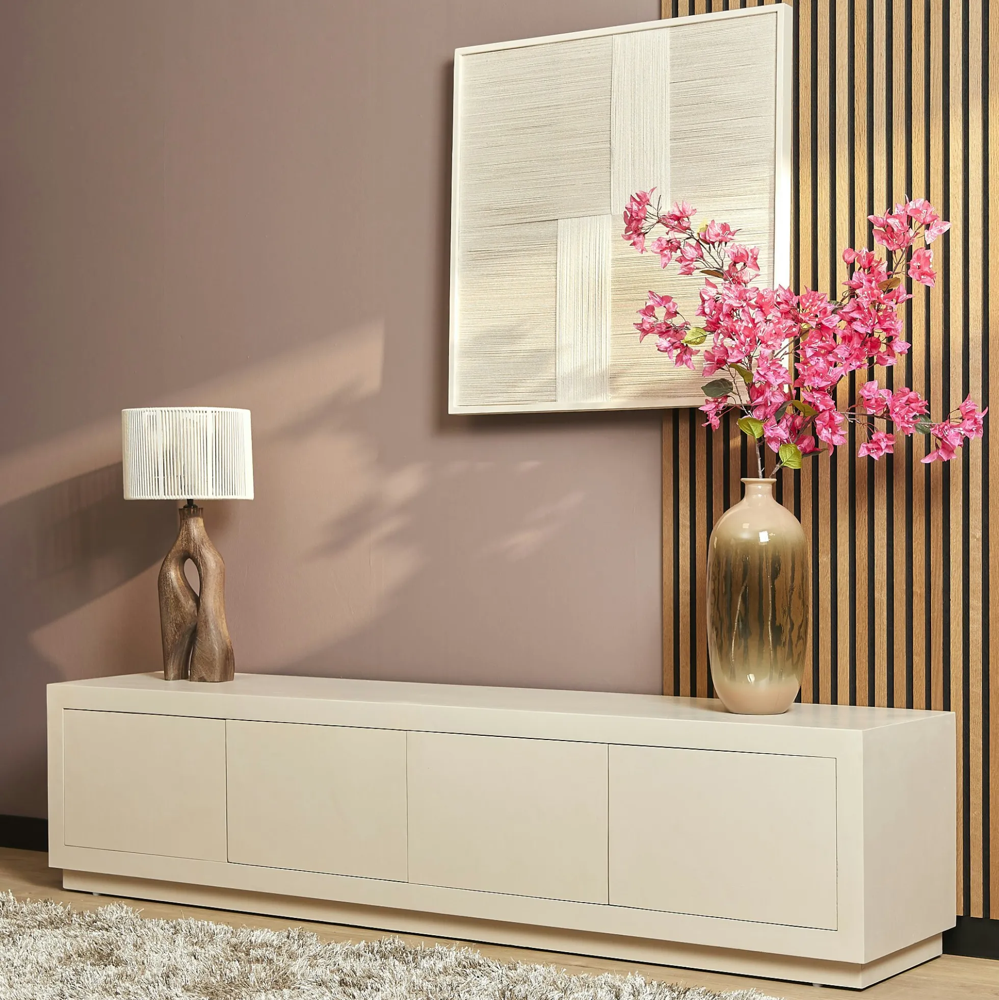 Meuble TV avec rangement bois sable 200 cm MONTARO