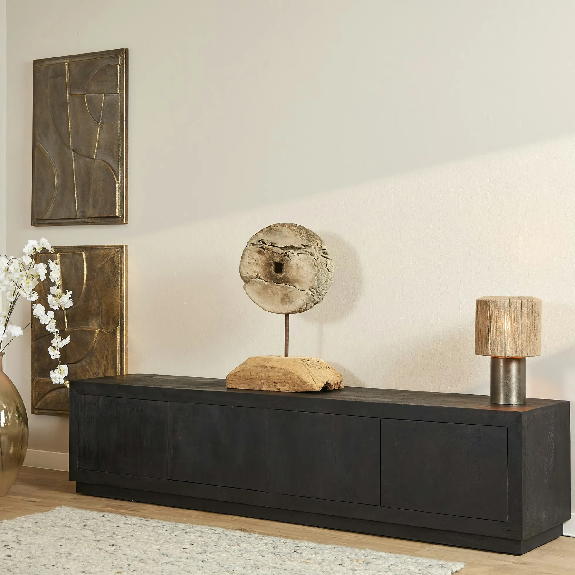 Meuble TV avec rangement bois noir 200 cm MONTARO