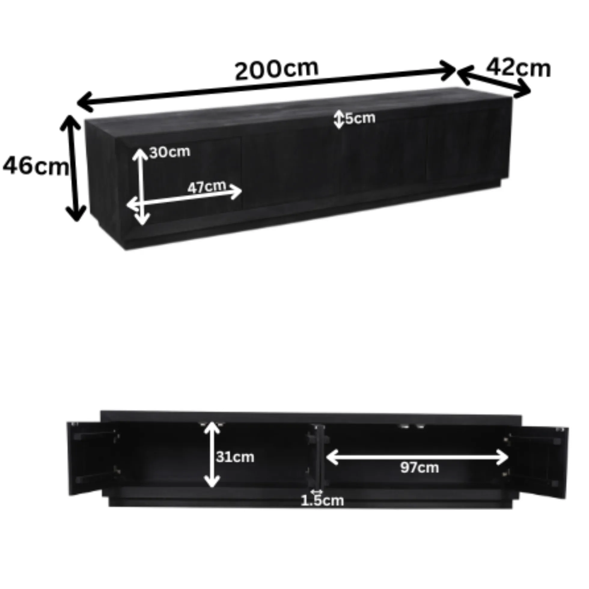 Meuble TV avec rangement bois noir 200 cm MONTARO