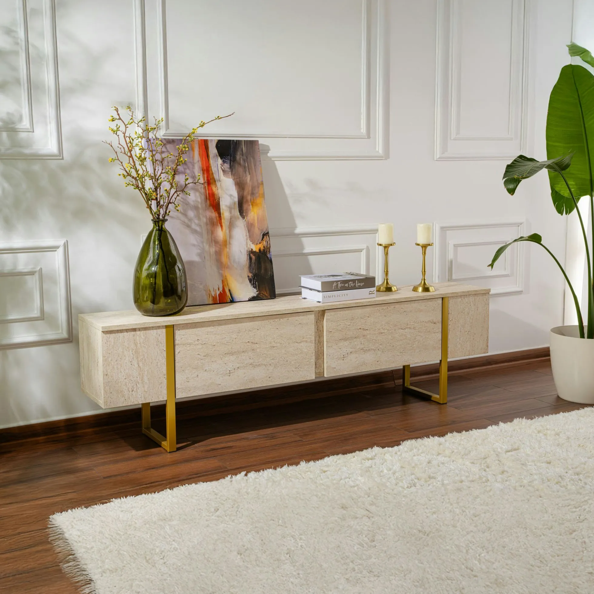 Meuble TV avec rangement - effet travertin, pieds dorés JENA