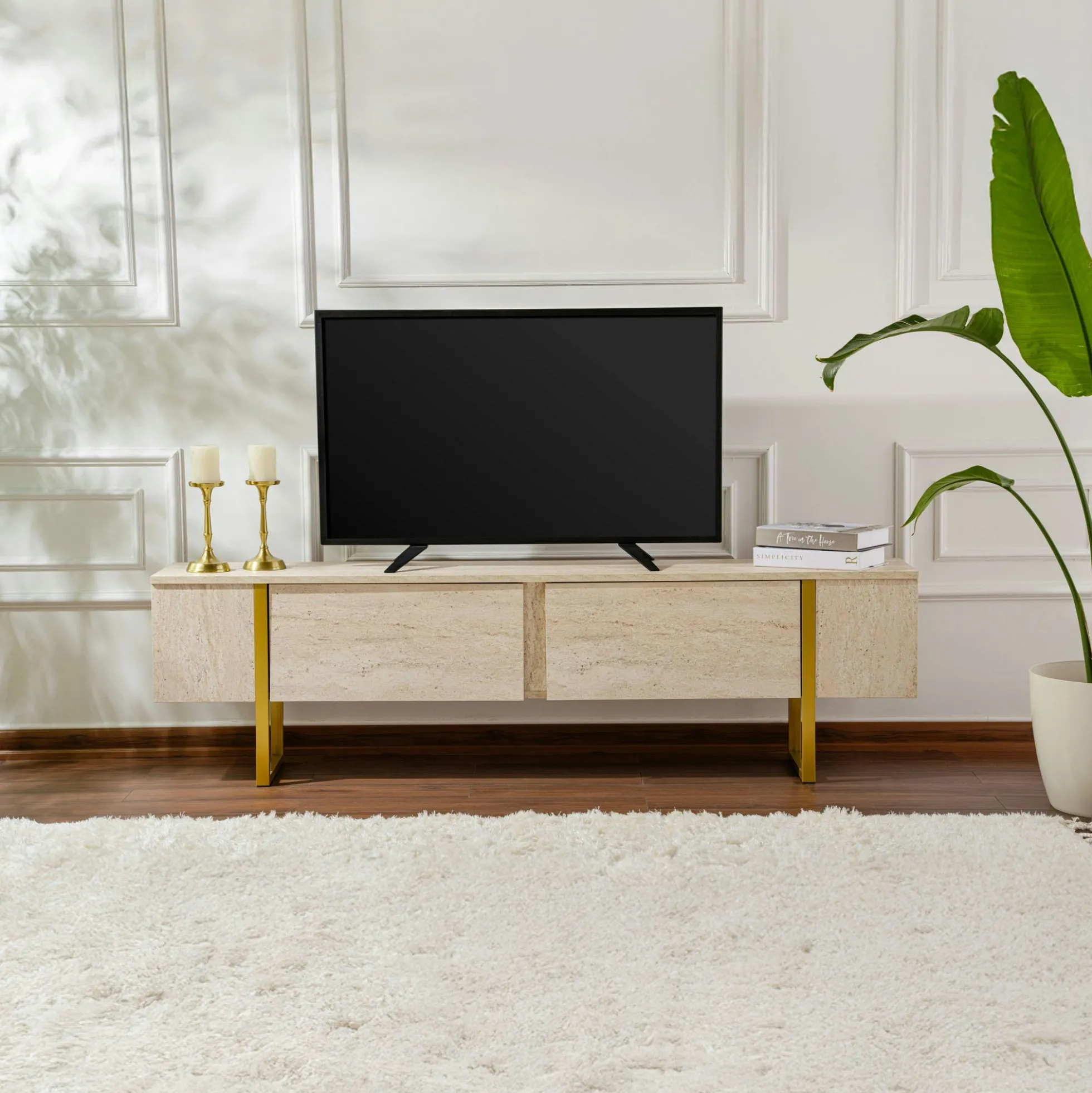 Meuble TV avec rangement - effet travertin, pieds dorés JENA