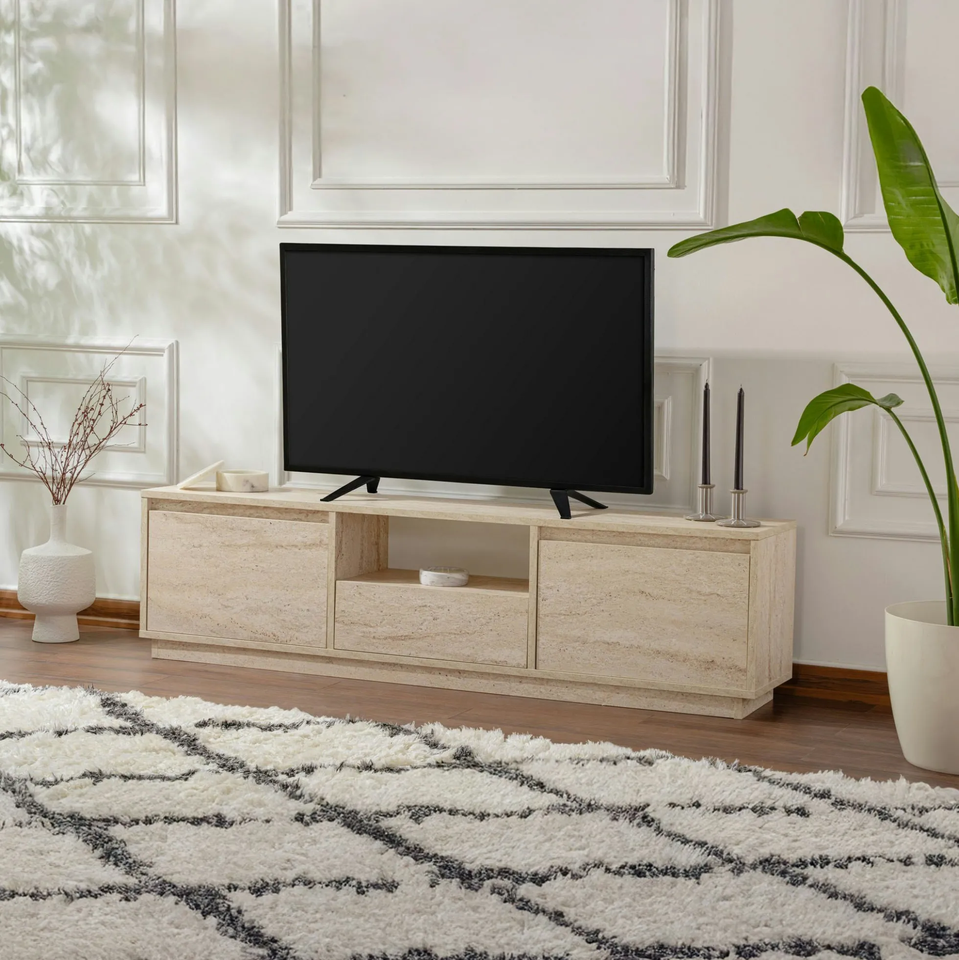 Meuble TV avec rangement - effet travertin MARFA