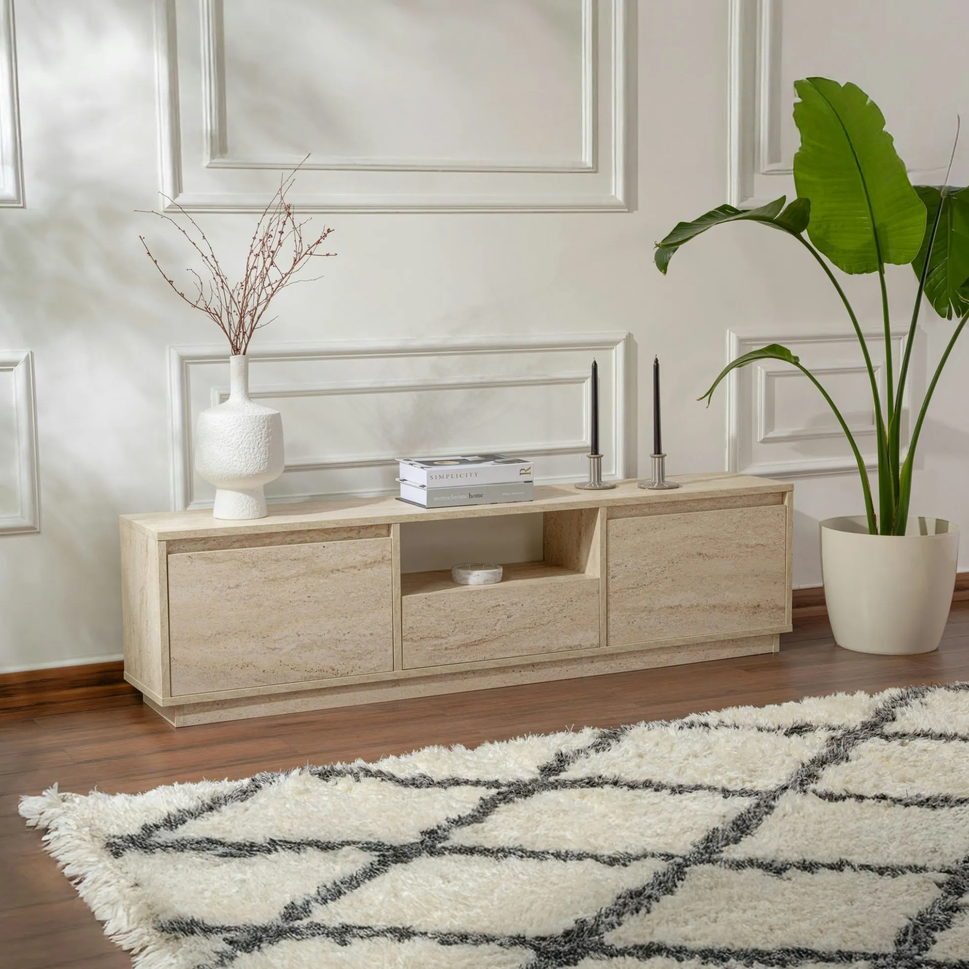 Meuble TV avec rangement - effet travertin MARFA