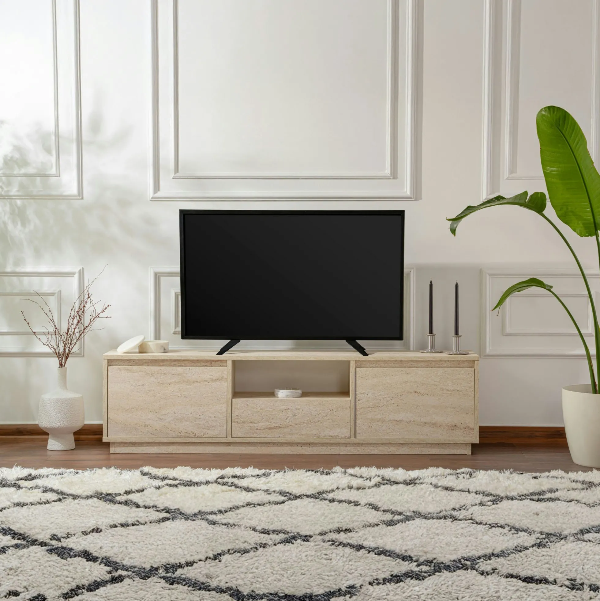 Meuble TV avec rangement - effet travertin MARFA