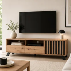 Meuble TV avec rangement 1 porte noire rainurée ALVA