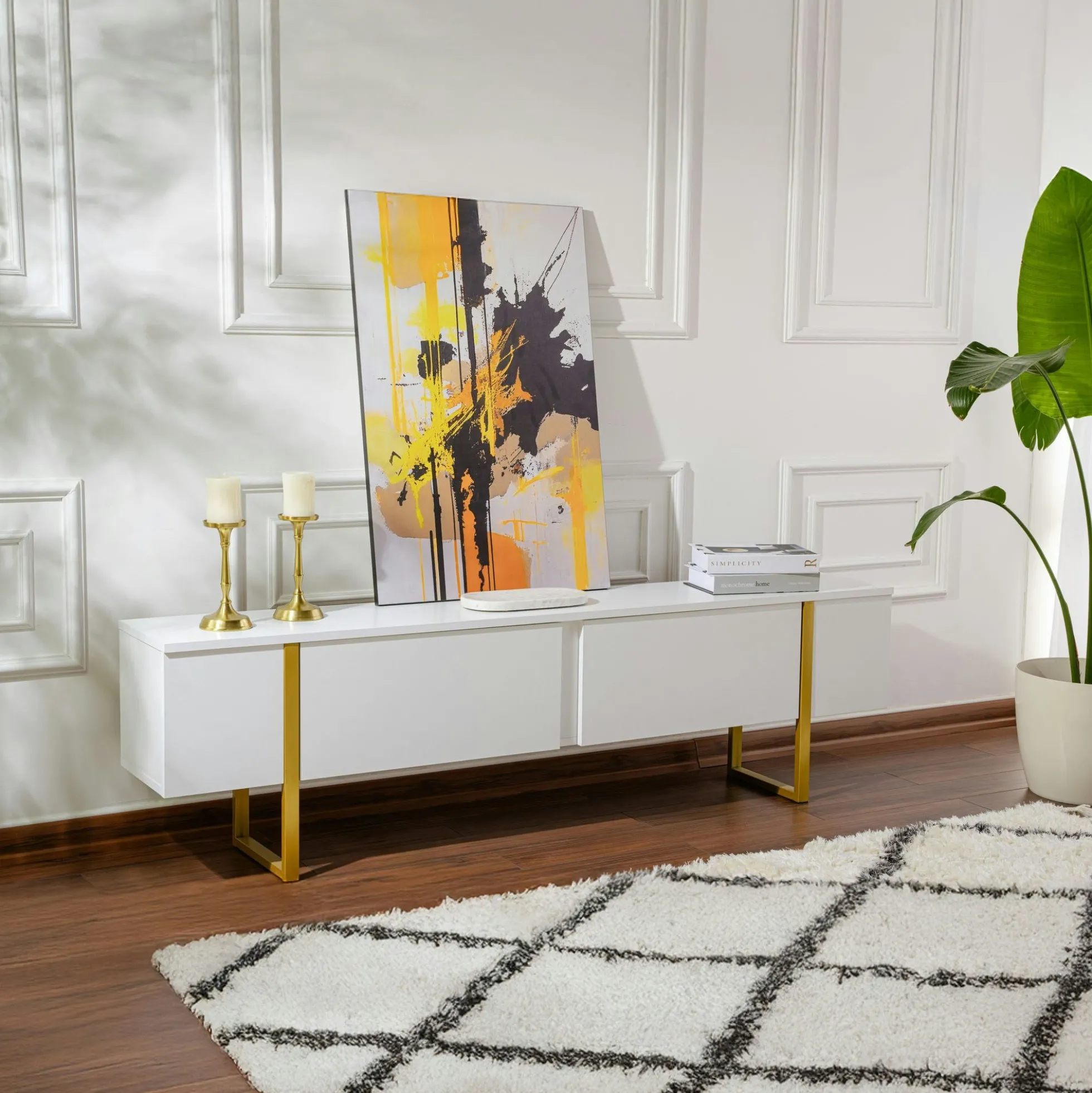 Meuble TV blanc avec rangement - effet laque, pieds dorés JENA