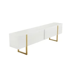 Meuble TV blanc avec rangement - effet laque, pieds dorés JENA