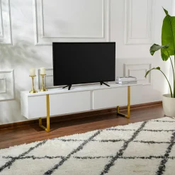 Meuble TV blanc avec rangement - effet laque, pieds dorés JENA