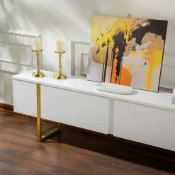Meuble TV blanc avec rangement - effet laque, pieds dorés JENA