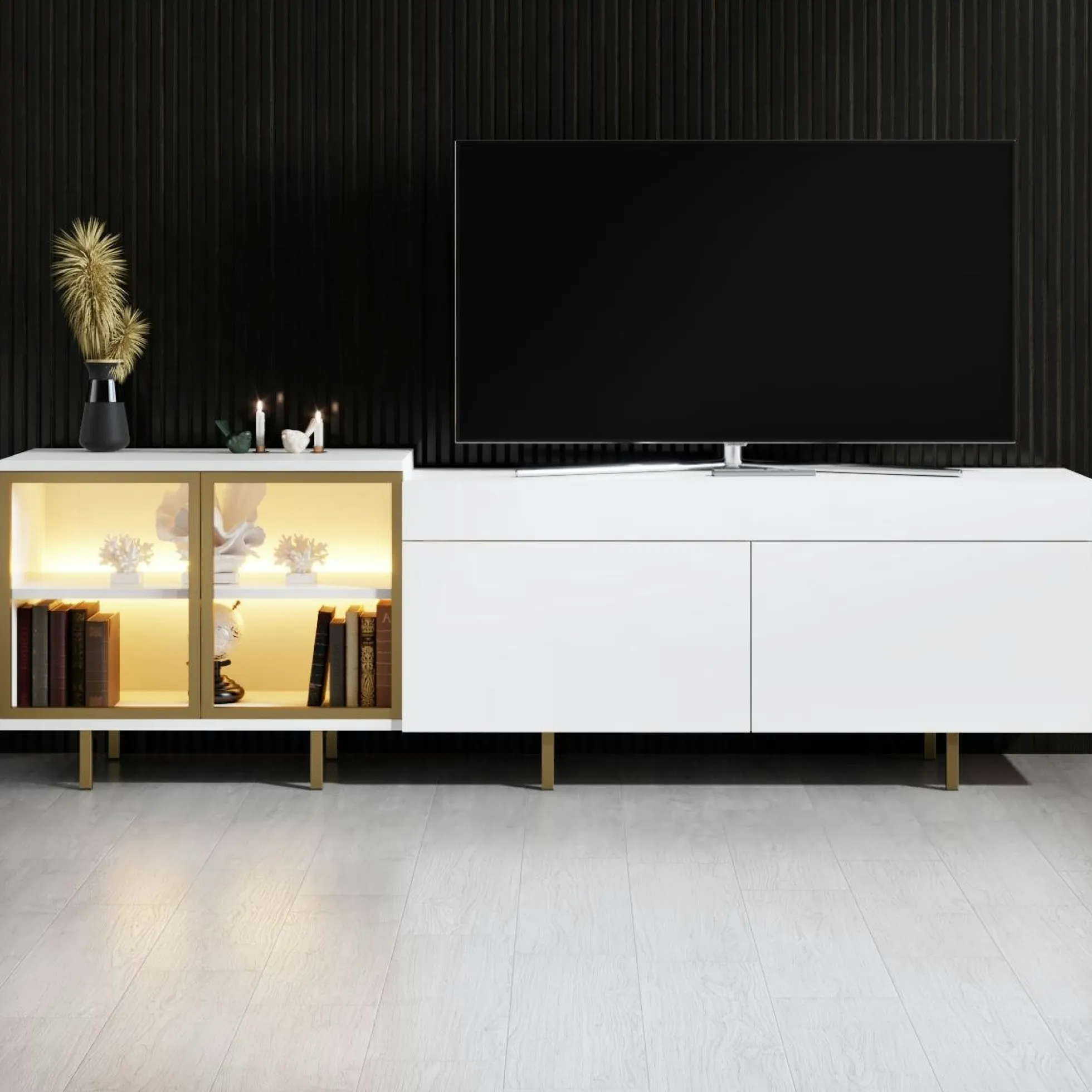 Meuble TV blanc et doré 2 portes 1 niche LED AURA