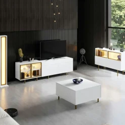 Meuble TV blanc et doré 2 portes 1 niche LED AURA