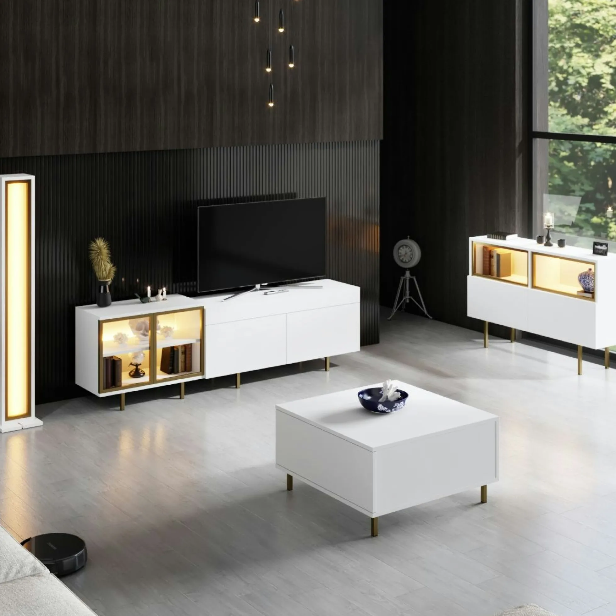 Meuble TV blanc et doré 2 portes 1 niche LED AURA