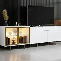 Meuble TV blanc et doré 2 portes 1 niche LED AURA
