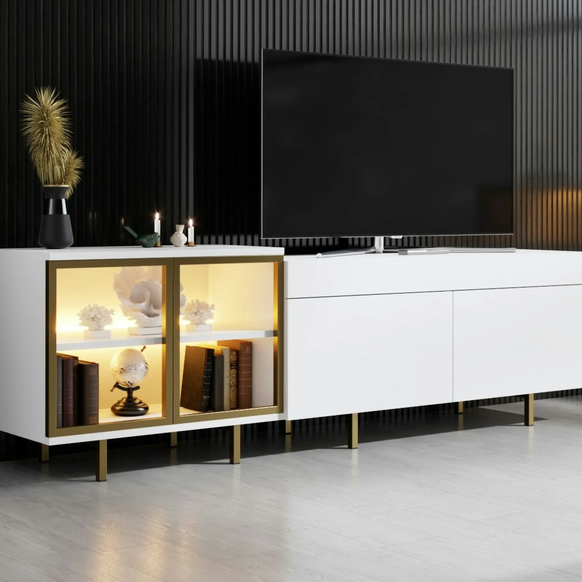 Meuble TV blanc et doré 2 portes 1 niche LED AURA