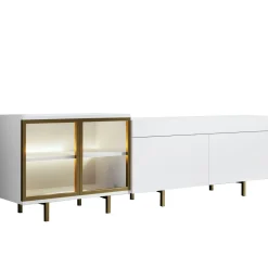 Meuble TV blanc et doré 2 portes 1 niche LED AURA