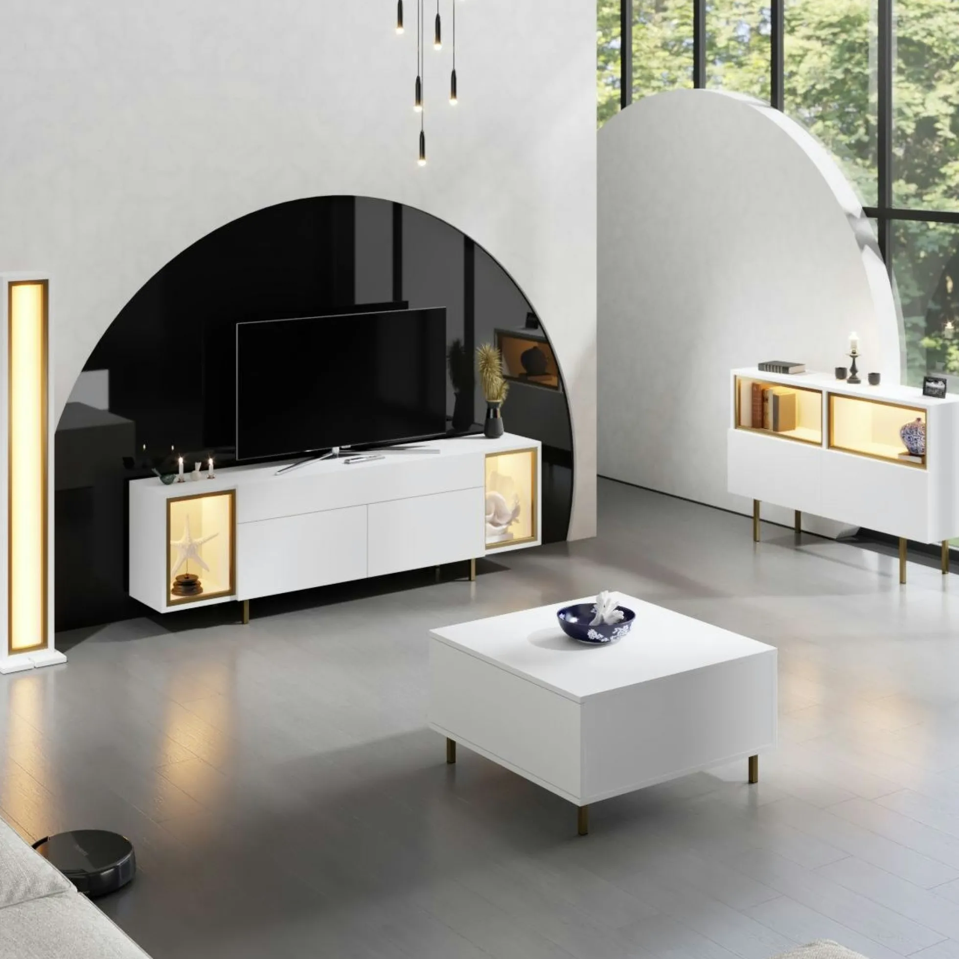 Meuble TV blanc et doré 2 portes 2 niches LED AURA