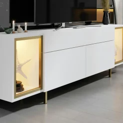 Meuble TV blanc et doré 2 portes 2 niches LED AURA