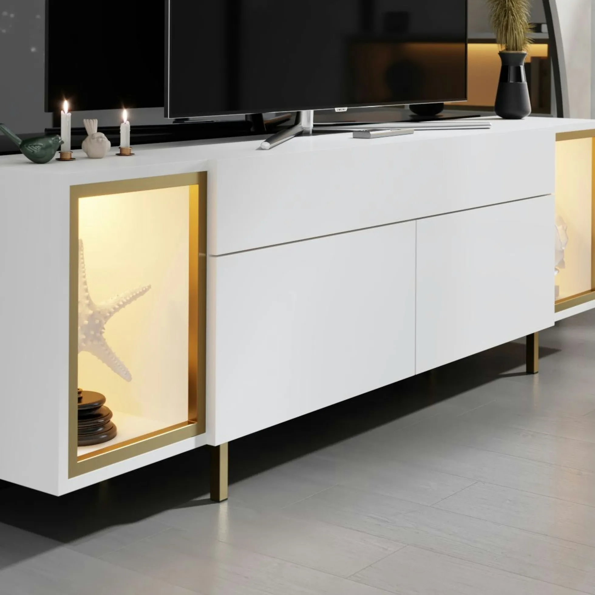 Meuble TV blanc et doré 2 portes 2 niches LED AURA