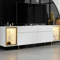 Meuble TV blanc et doré 2 portes 2 niches LED AURA