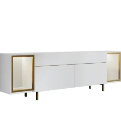 Meuble TV blanc et doré 2 portes 2 niches LED AURA