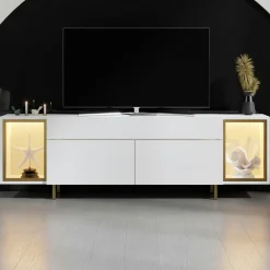 Meuble TV blanc et doré 2 portes 2 niches LED AURA