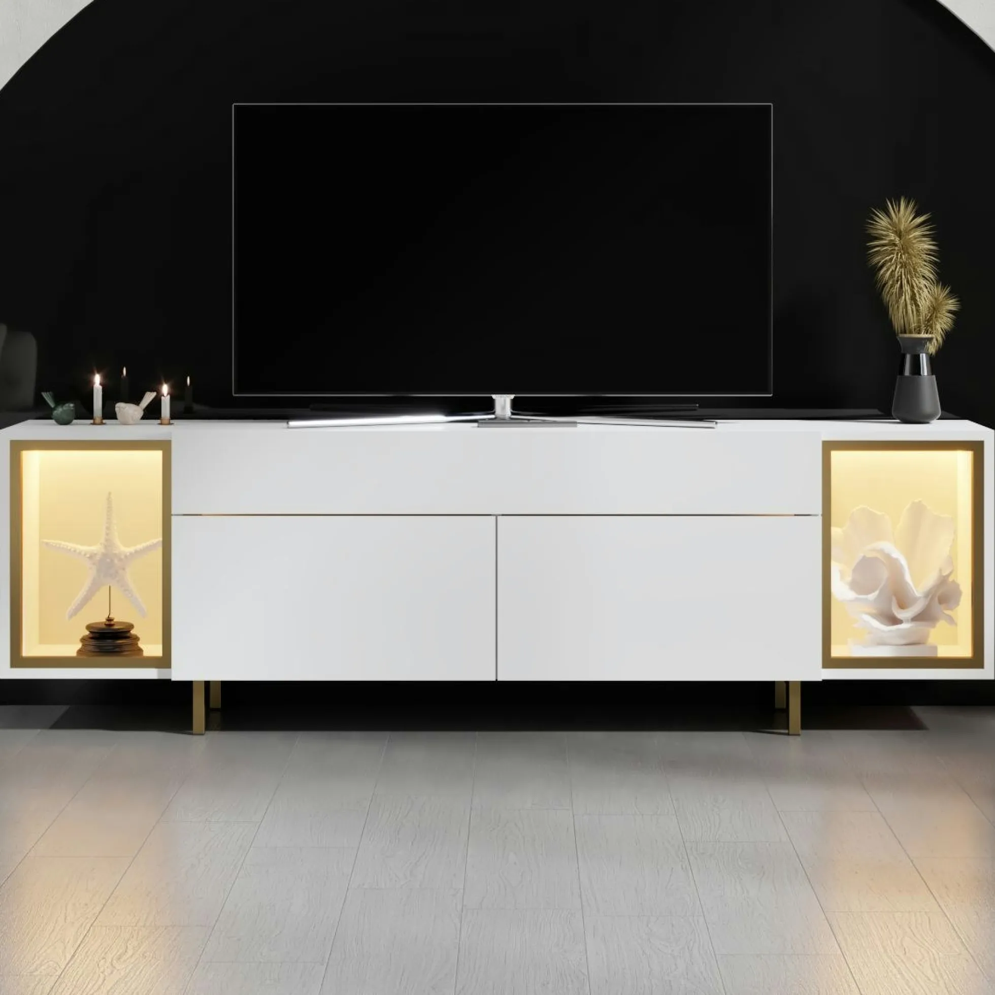 Meuble TV blanc et doré 2 portes 2 niches LED AURA