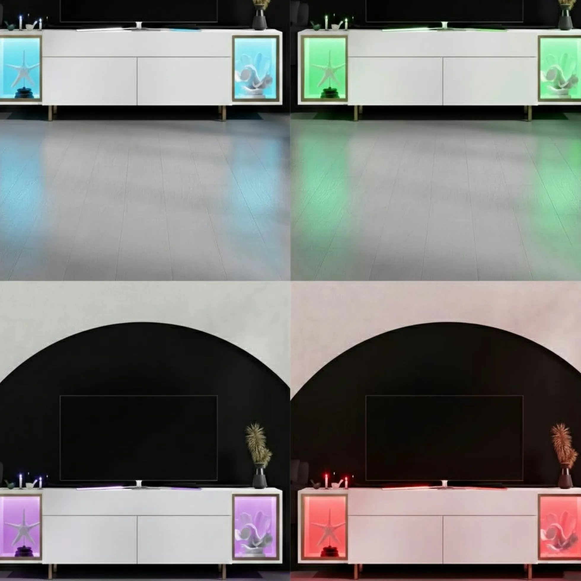 Meuble TV blanc et doré 2 portes 2 niches LED AURA