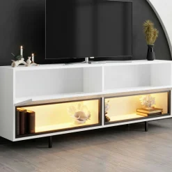 Meuble TV blanc 2 portes 2 niches LED à télécommande AURA