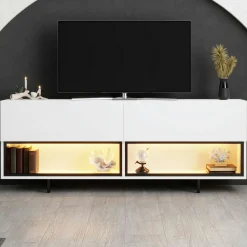 Meuble TV blanc 2 portes 2 niches LED à télécommande AURA