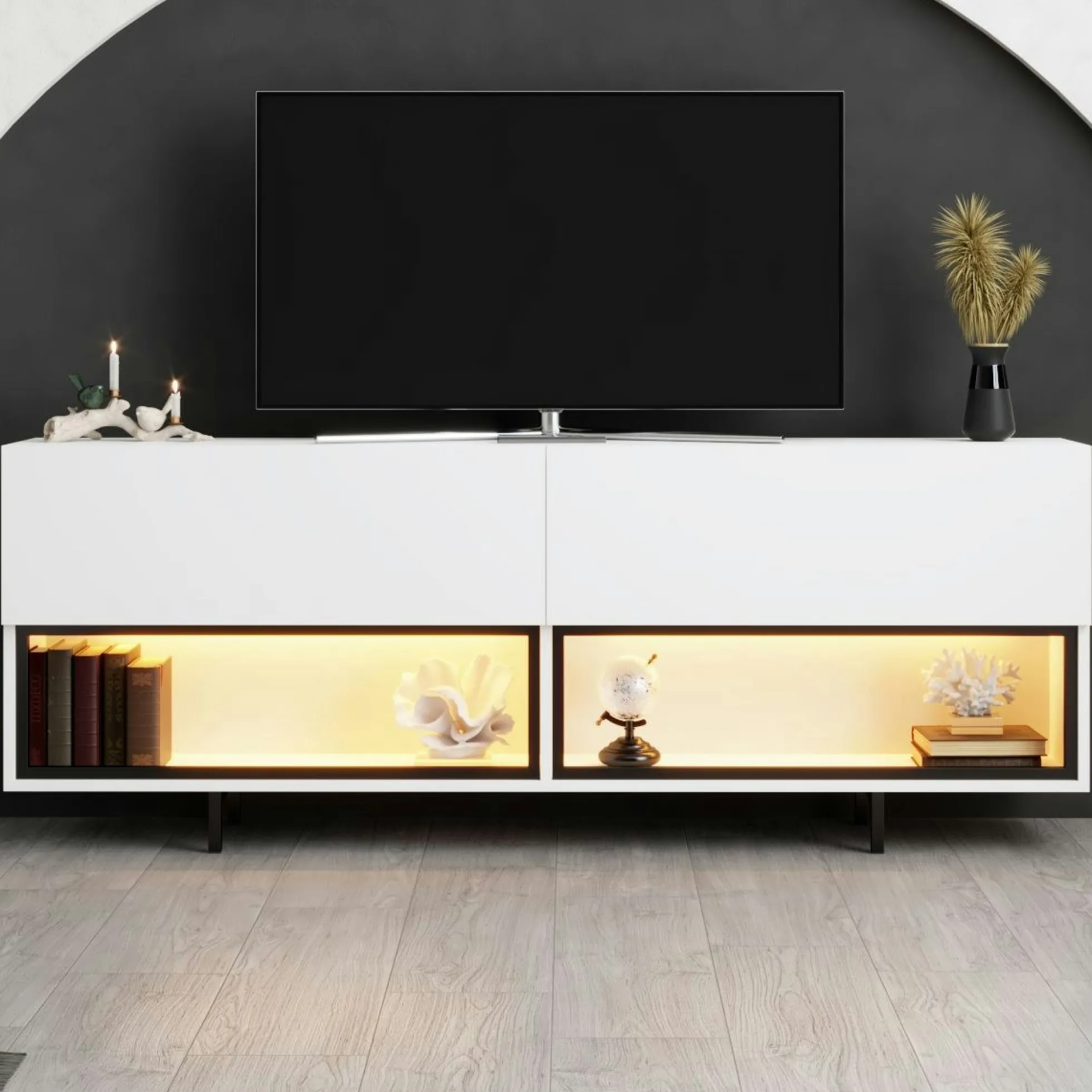 Meuble TV blanc 2 portes 2 niches LED à télécommande AURA