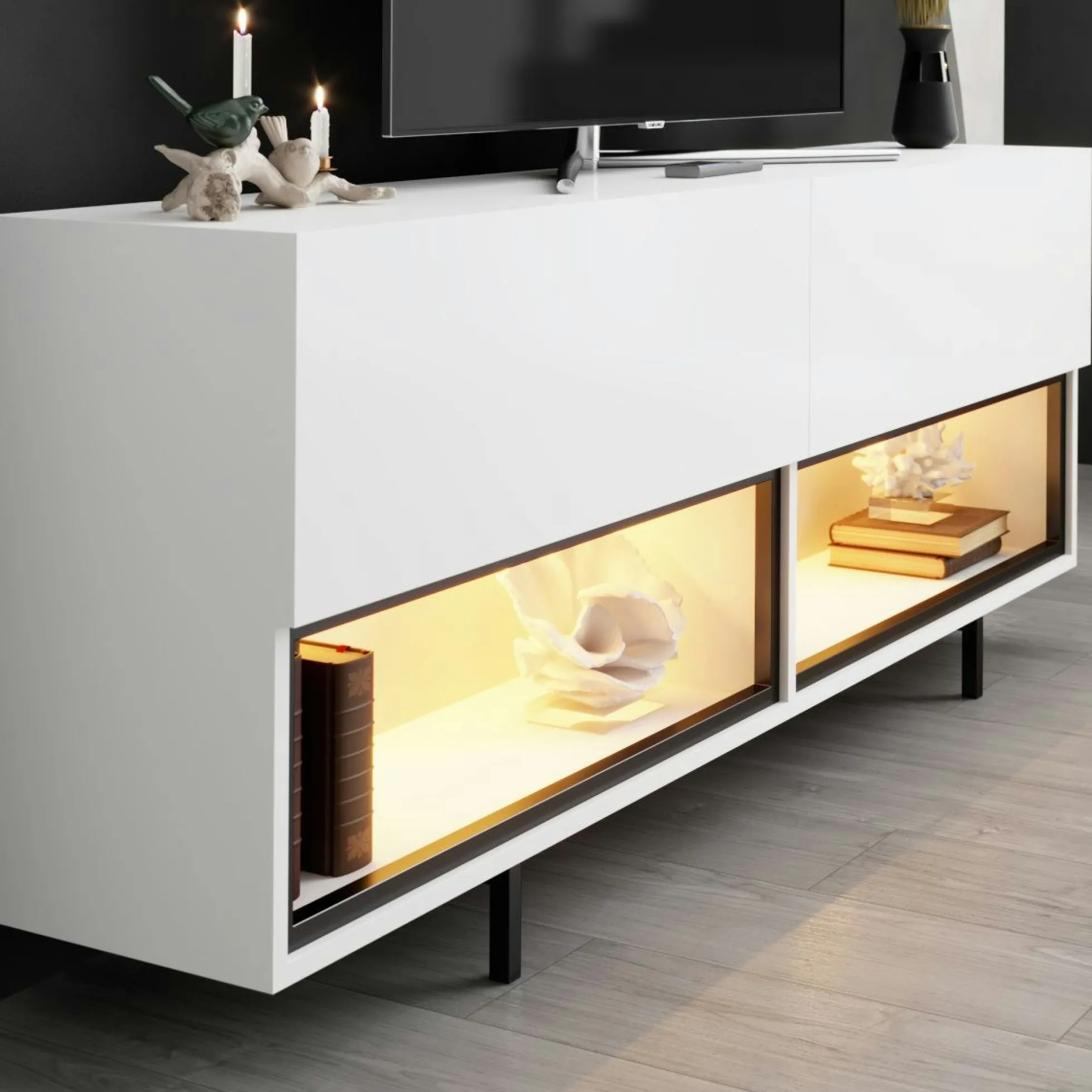 Meuble TV blanc 2 portes 2 niches LED à télécommande AURA