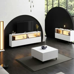 Meuble TV blanc 2 portes 2 niches hautes LED AURA