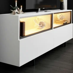 Meuble TV blanc 2 portes 2 niches hautes LED AURA