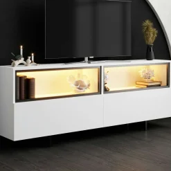 Meuble TV blanc 2 portes 2 niches hautes LED AURA