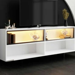 Meuble TV blanc 2 portes 2 niches hautes LED AURA