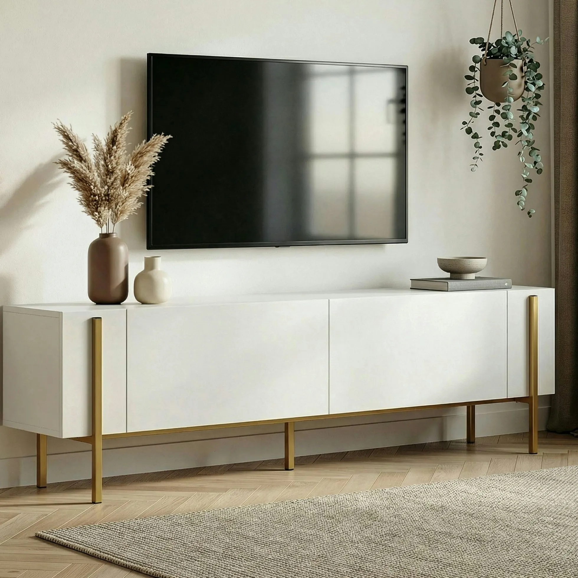 Meuble TV blanc 2 portes pieds métal doré MARFA
