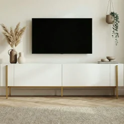 Meuble TV blanc 2 portes pieds métal doré MARFA