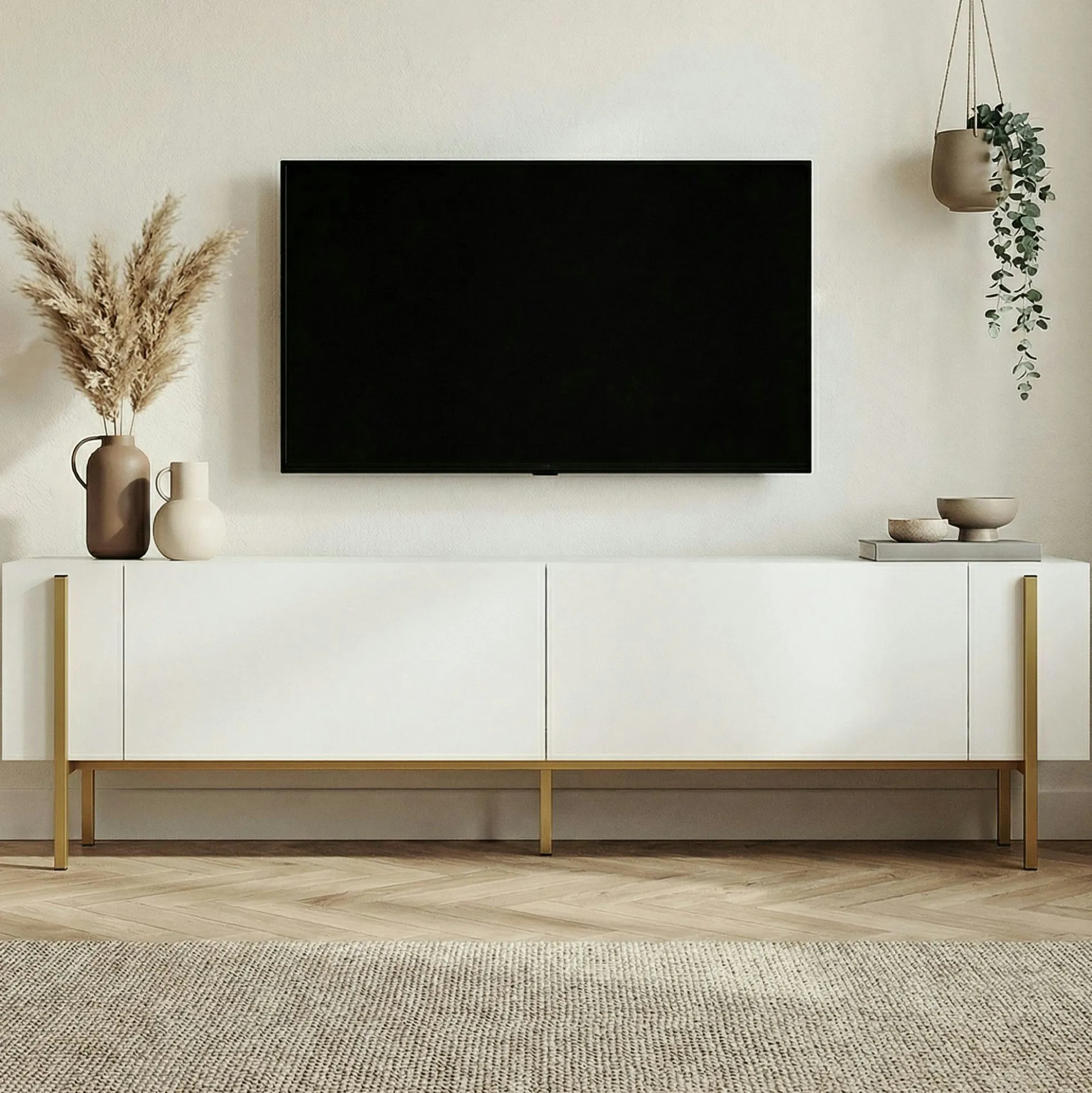 Meuble TV blanc 2 portes pieds métal doré MARFA