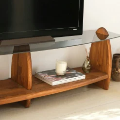 Meuble TV bois brun et verre fumé - 2 niches, vintage ANZIO