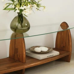 Meuble TV bois brun et verre - 2 niches, vintage ANZIO